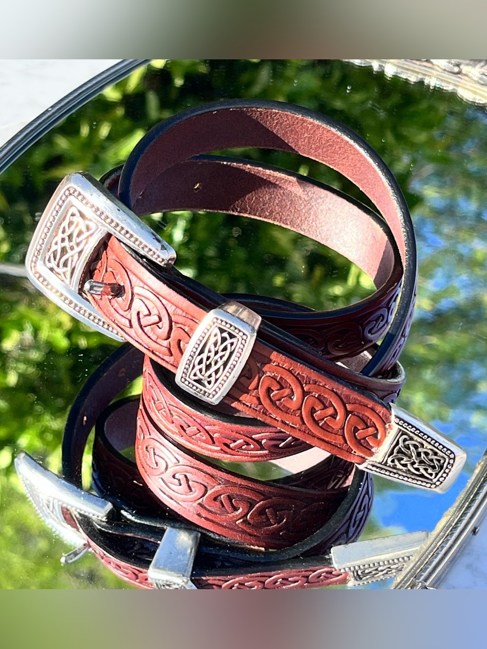 Vintage Lee River, Made in Ireland, Celtic, Brown Leather Belt, Silver Hardware